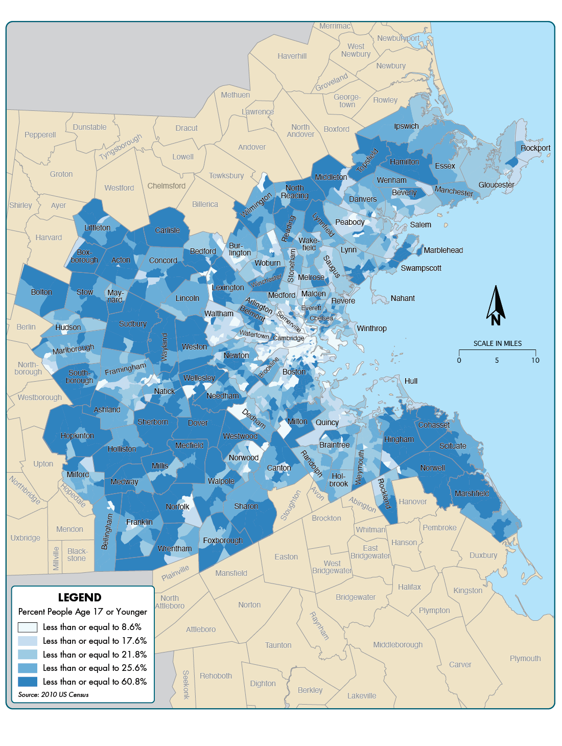 Figure 6-5 is a map showing the percent of the population that is age 17 or younger across the 97 communities in the Boston region.